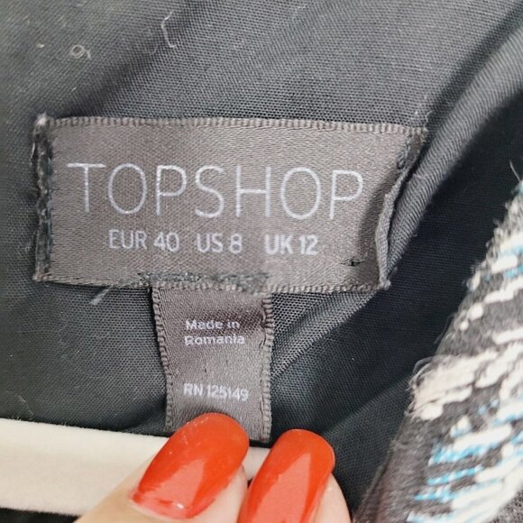 Topshop Sz 8 Jacquard Crop Tank Top Palm Tree Print Black White Blue Zipper Back - Picture 4 of 6